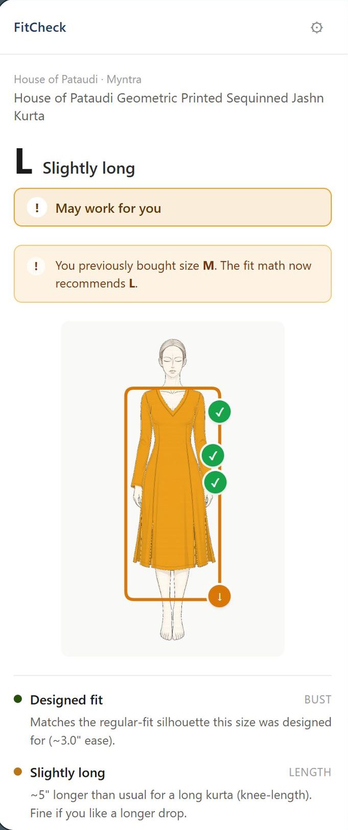 The FitCheck side panel: verdict "L, slightly long", an amber "May work for you" chip, a callout reading "You previously bought size M. The fit math now recommends L", a tinted silhouette with per-axis pins, and the reasoning for each axis.