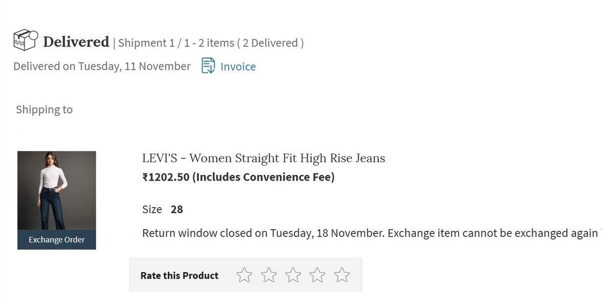 AJIO order history showing the same Levi&rsquo;s jeans delivered in size 28, marked as an exchange order.