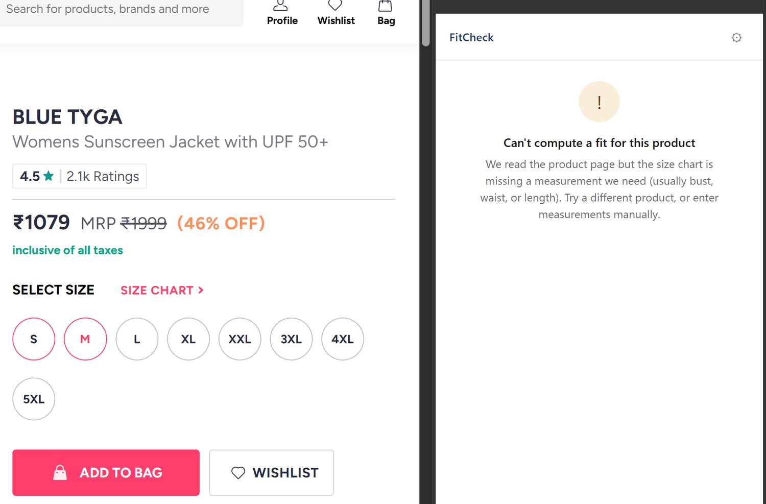 A Myntra jacket page beside the FitCheck panel reading &ldquo;Can&rsquo;t compute a fit for this product&rdquo;, explaining that the size chart is missing a measurement.