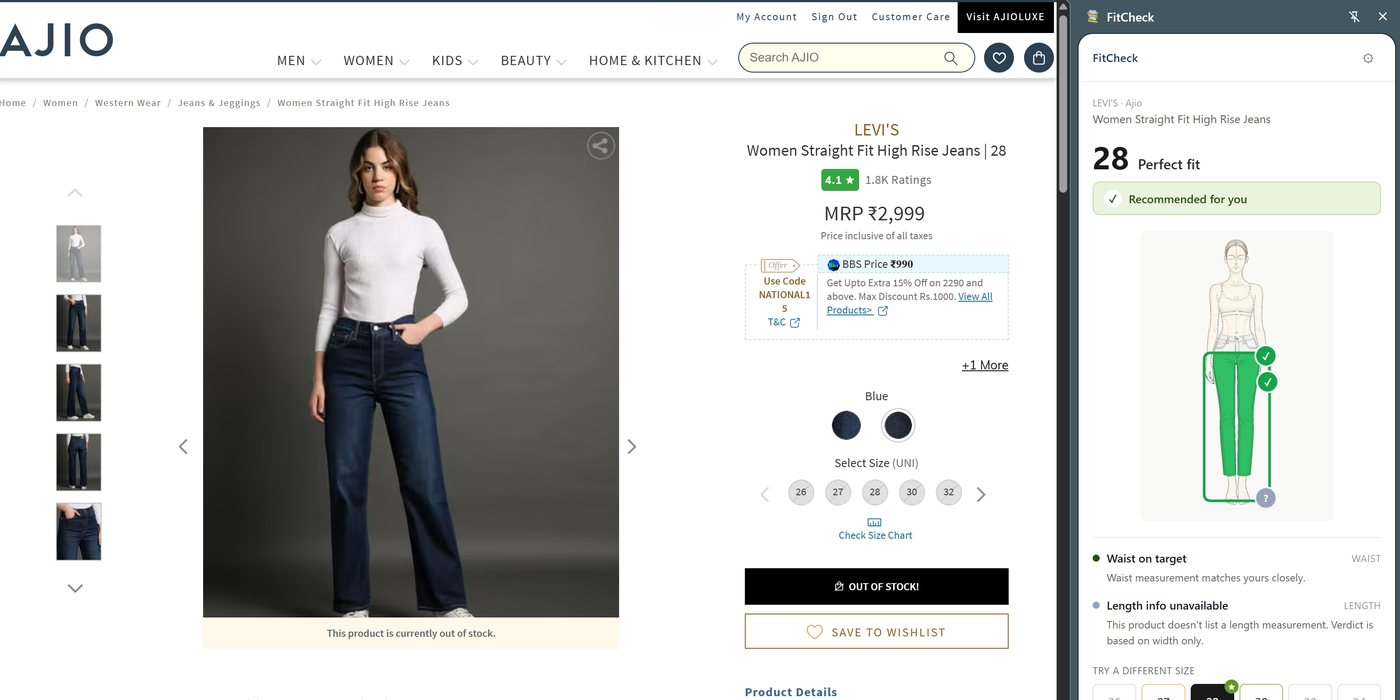 The FitCheck panel on the AJIO Levi&rsquo;s jeans page recommending size 28, with the waist marked on target and a green silhouette.