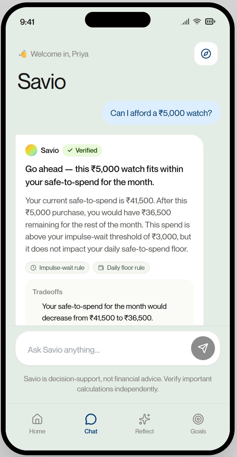The Savio chat screen answering &ldquo;Can I afford a ₹5,000 watch?&rdquo; with a verdict, the safe-to-spend maths behind it, and the named rules it used.