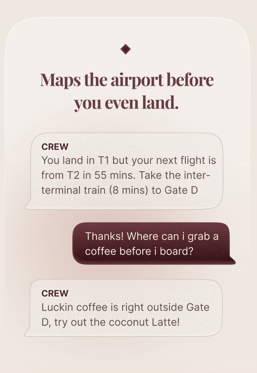 A CREW card headed &ldquo;Maps the airport before you even land.&rdquo; CREW writes: You land in T1 but your next flight is from T2 in 55 mins. Take the inter-terminal train (8 mins) to Gate D. The traveller replies: Thanks! Where can i grab a coffee before i board? CREW answers: Luckin coffee is right outside Gate D, try out the coconut Latte!