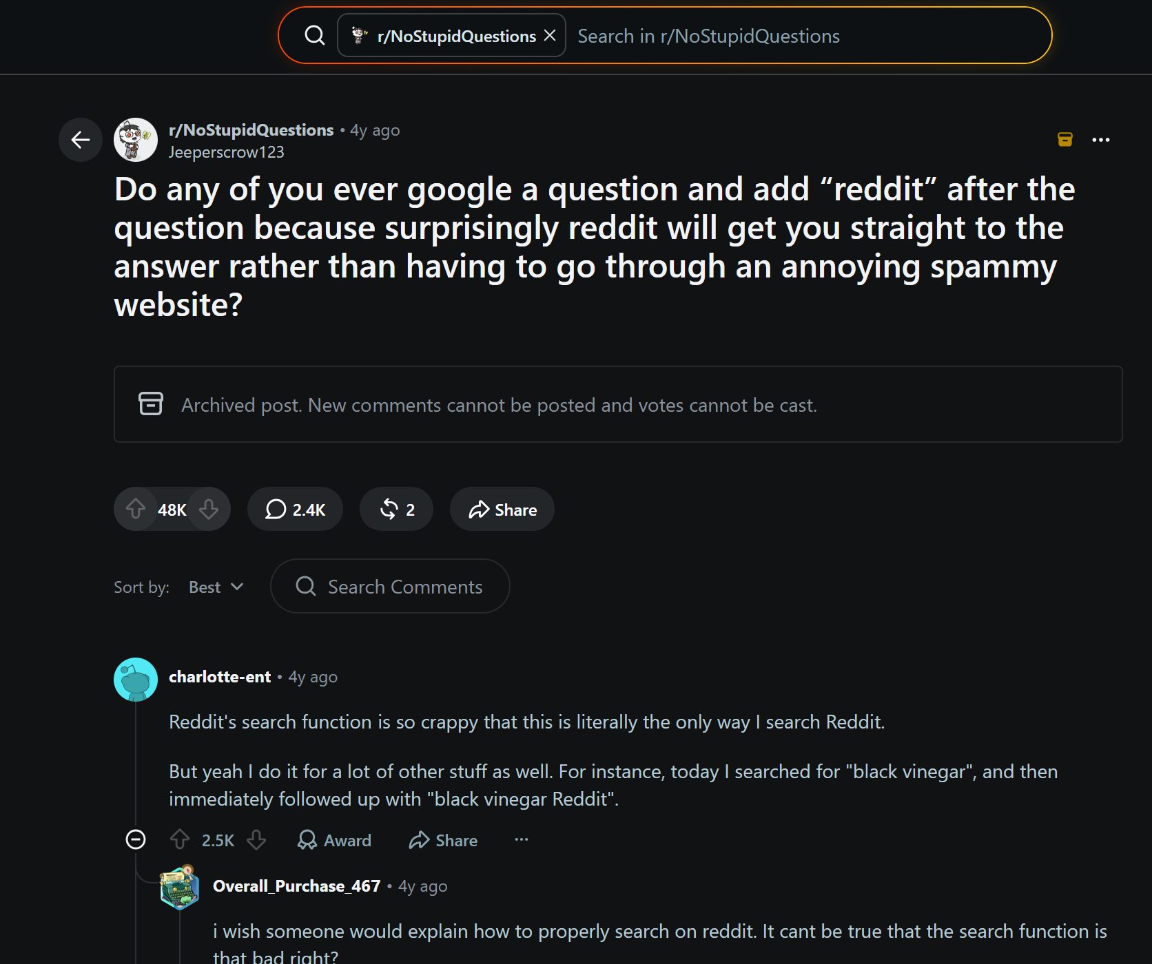 The r/NoStupidQuestions thread asking whether people append the word reddit to Google searches, showing 48,000 upvotes and 2,400 comments, with replies describing the habit.
