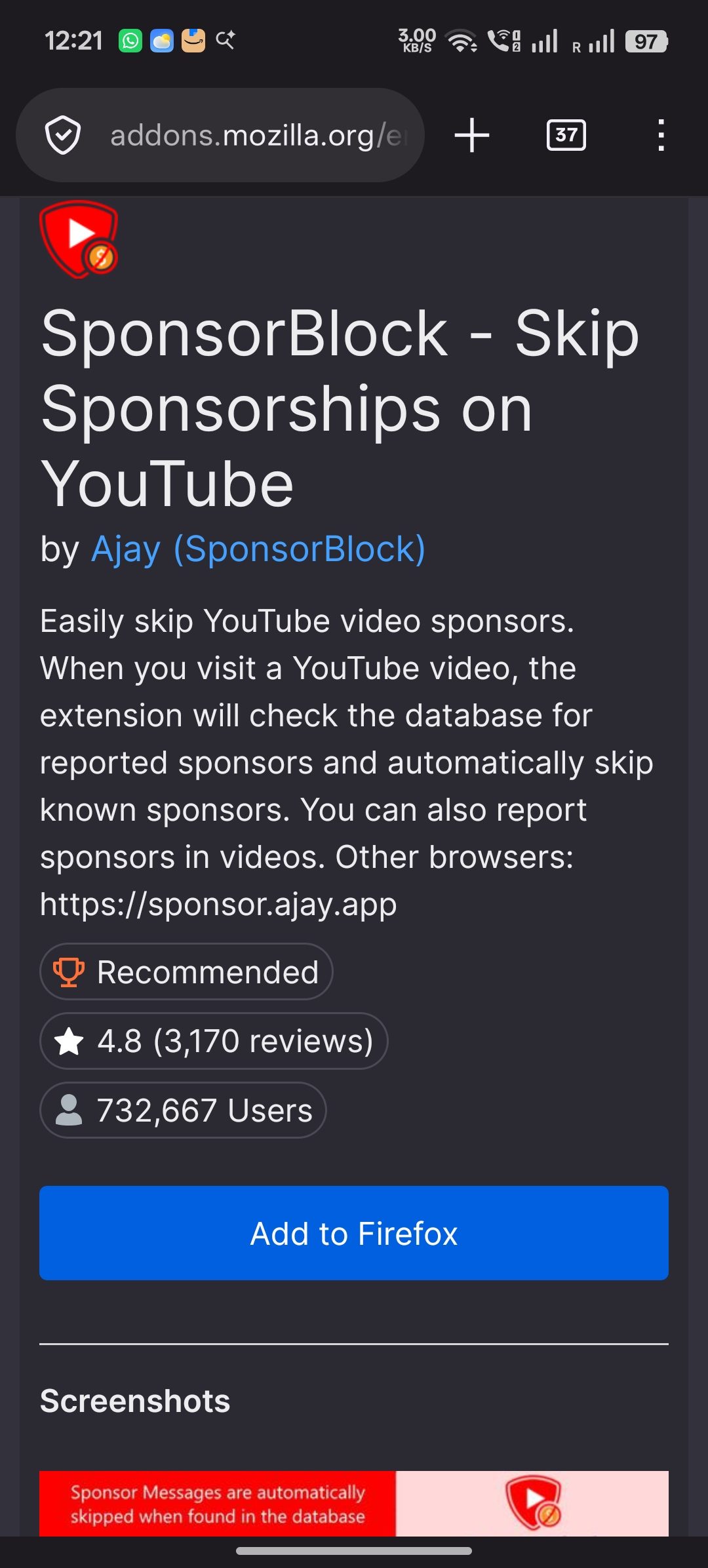 A phone showing a browser add-on listing for a tool that skips sponsor segments inside YouTube videos, with its rating and user count.
