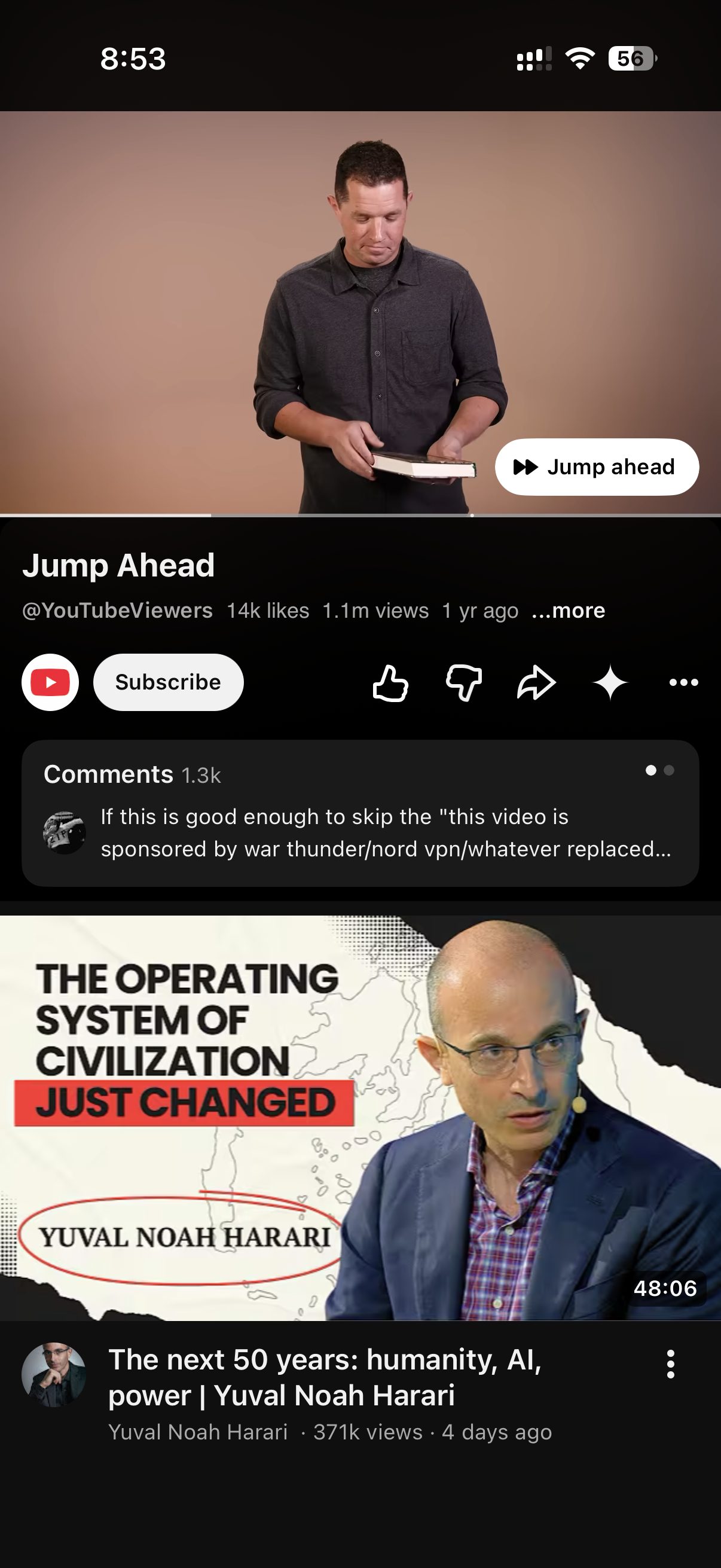 A YouTube video with a Jump ahead control on the player, and a viewer comment underneath asking to skip the sponsor read.
